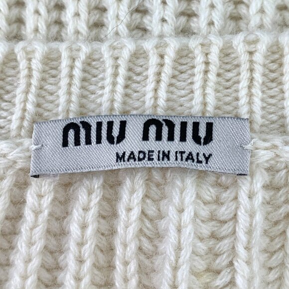 Miu Miu Womens Beige Pearl & Crystal Embellished Button-Up Cardigan Sweater Ribb - Picture 4 of 7